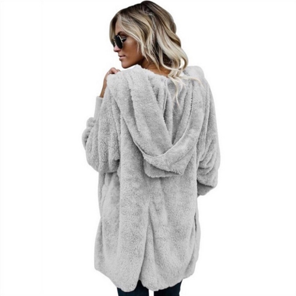 Plush Gray Fleece Hooded Cardigan with Pockets - Picture 3 of 11